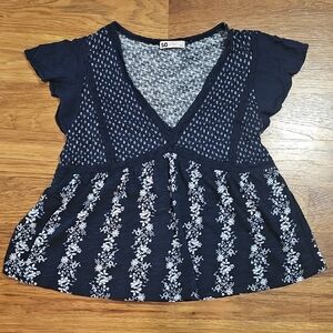 SO Women's Navy Blue Floral V Neck Blouse